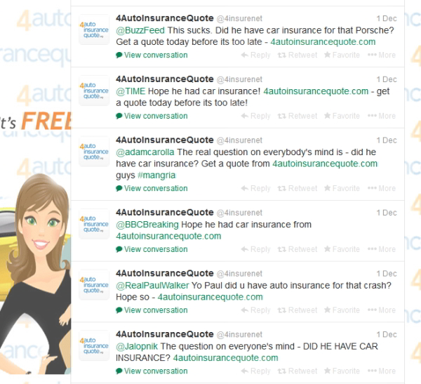 Screenshot of 4AutoInsuranceQuote.com Paul Walker Tweets