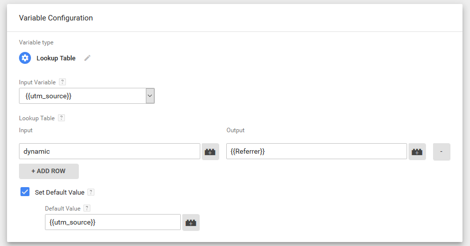 Screenshot: GTM Lookup Table Variable For Source UTM