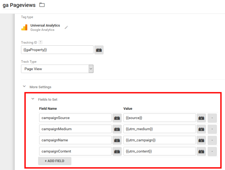 Screenshot: GTM Pageviews Tag Fields To Set Dynamic Source Tracking