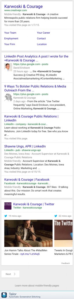 Screenshot: Tweets In Search - Karwoski and Courage Full SERPs